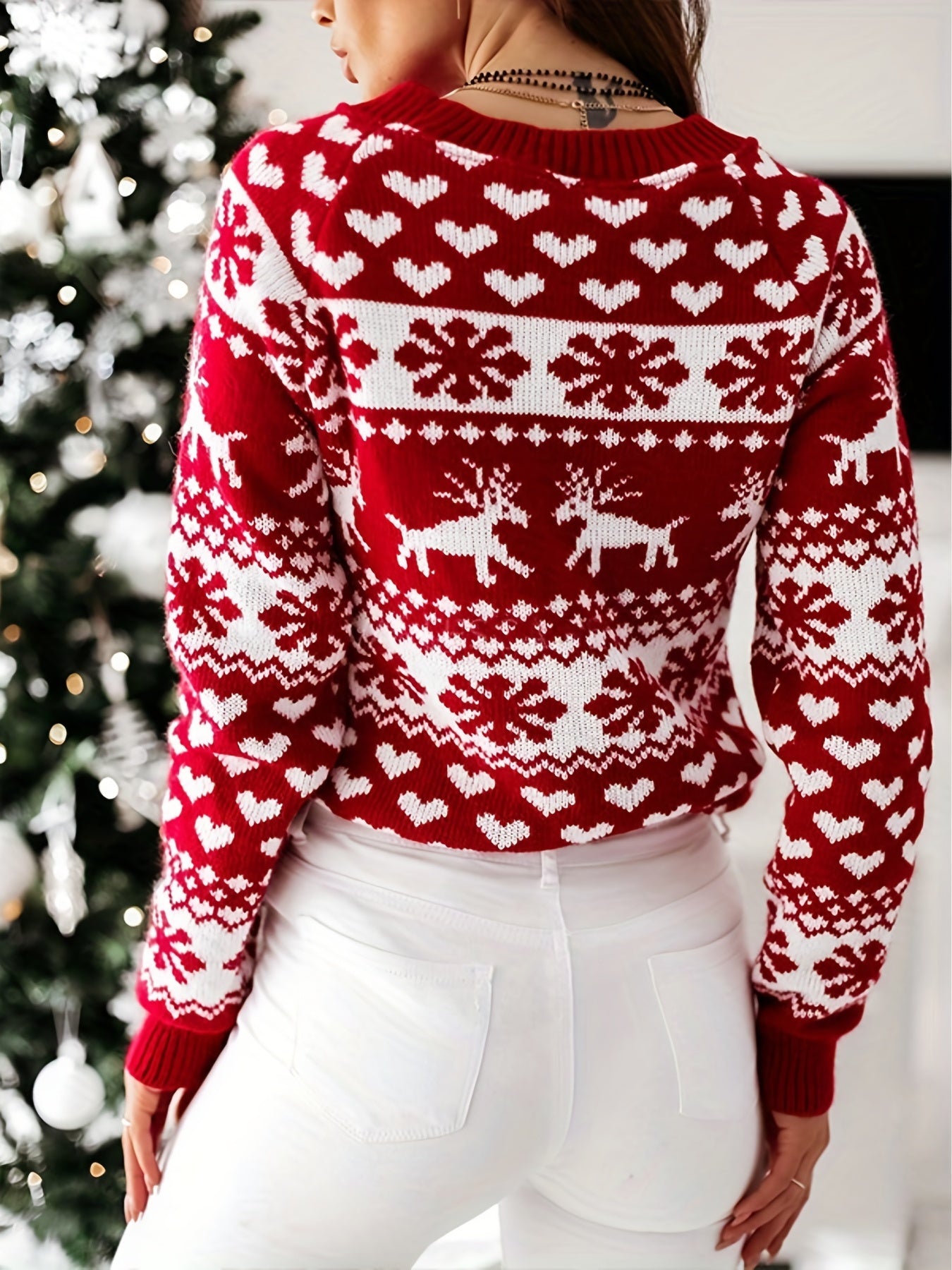  Colorblock Reindeer & Snowflake Print Sweater