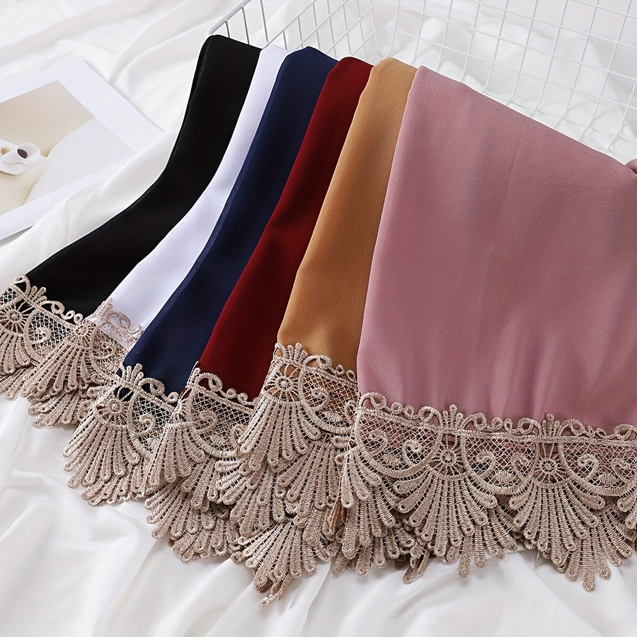 Chiffon Lace Embroidery Scarf Solid Hijab Silk Head Wrap Bandana