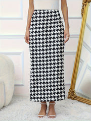  Houndstooth Print High Rise Stretch Side Split Maxi Midi Skirt