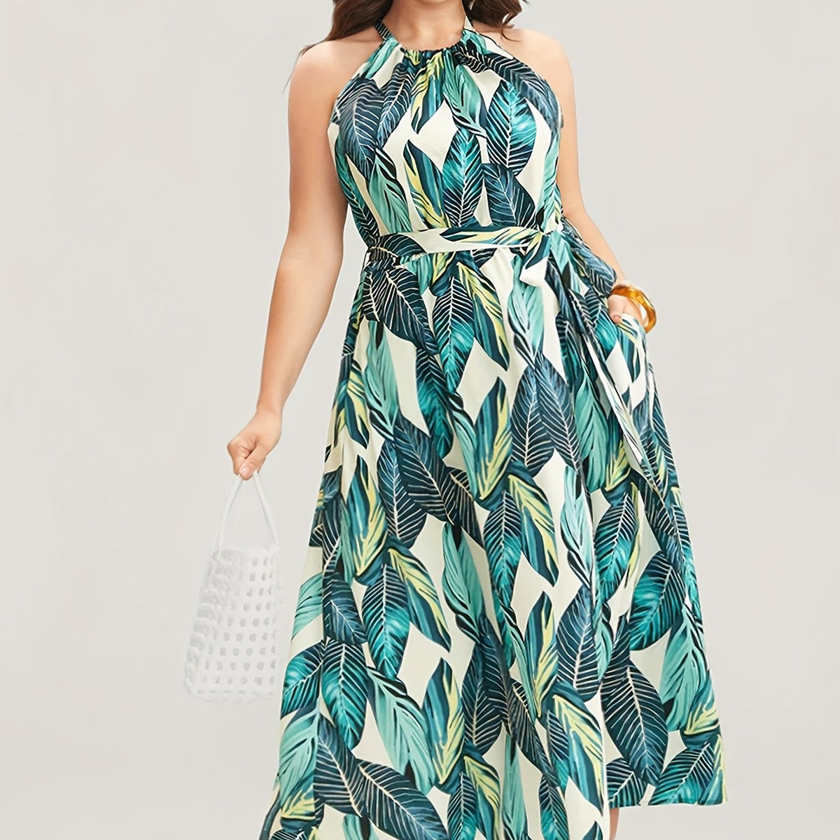  Tropical Print Halter Neck Maxi Dress With Pockets