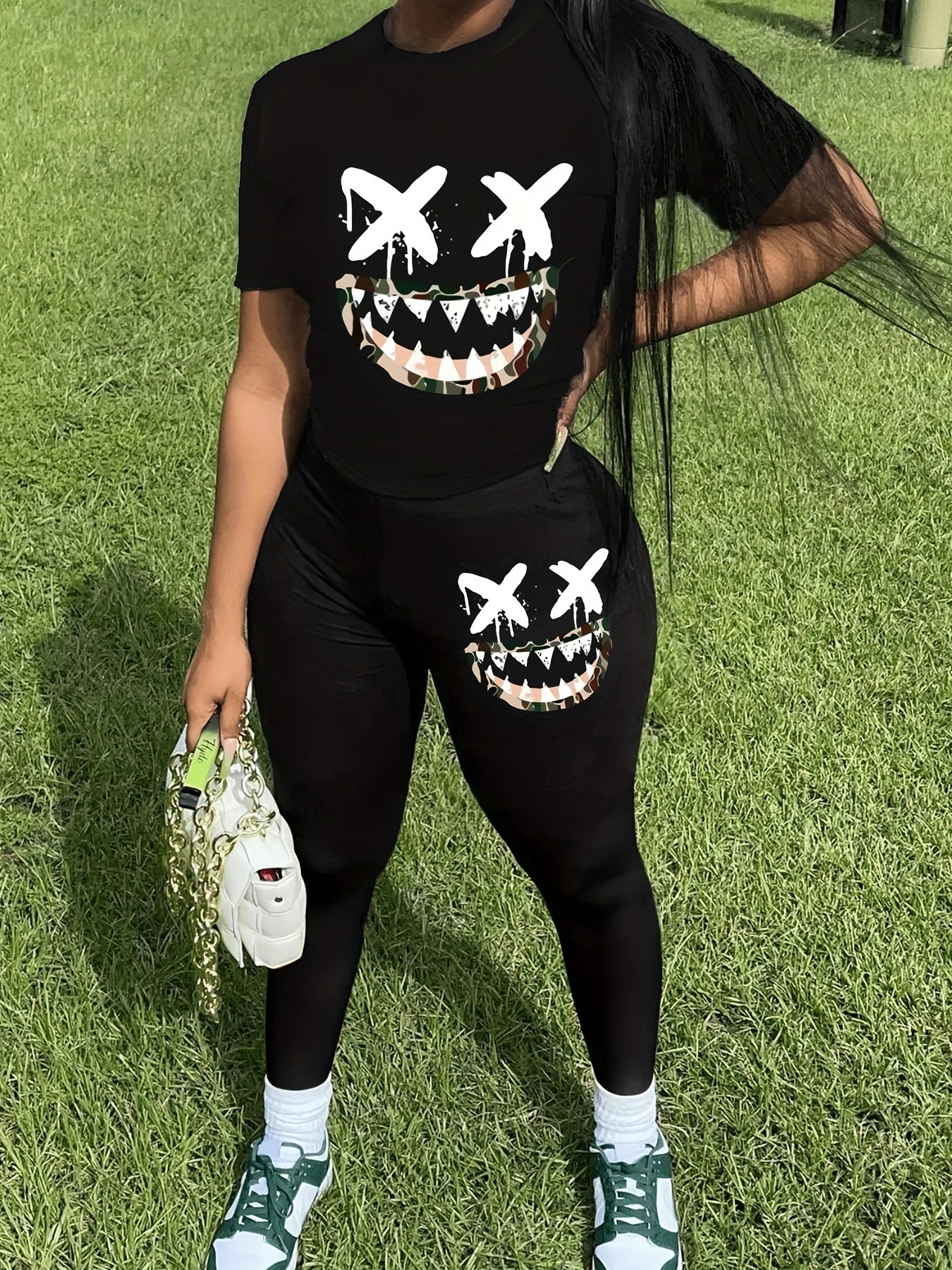 Cartoon Print Tee & Leggings Set for Women