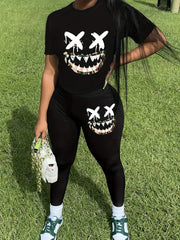 Cartoon Print Tee & Leggings Set for Women