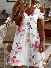  Women's Floral Print Lace Panel Cold Shoulder Dress