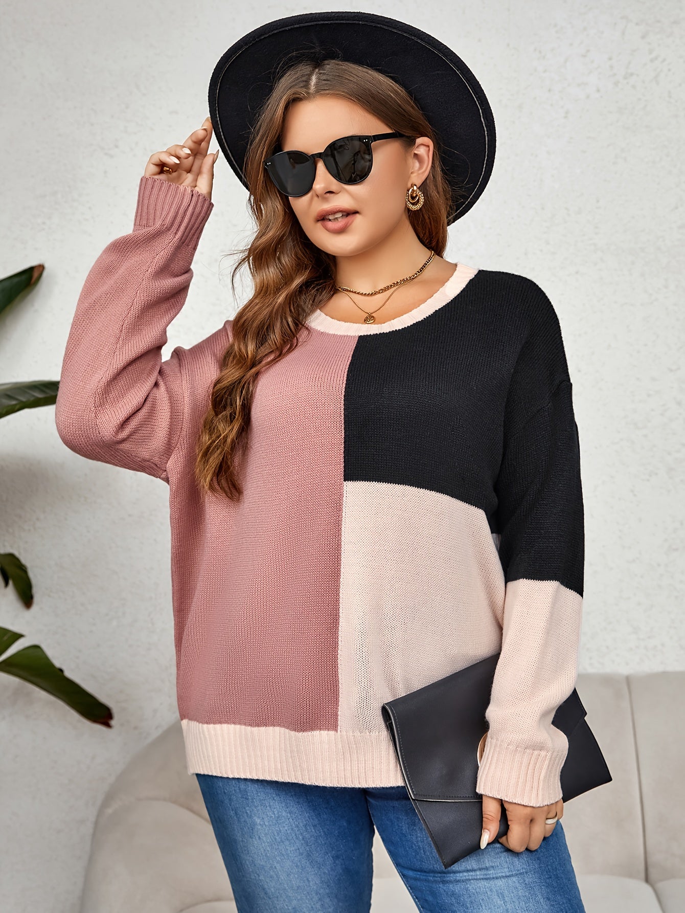  Colorblock Round Neck Sweater