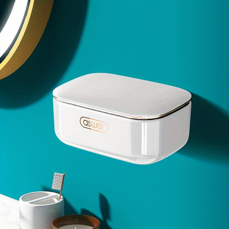 Wall Mounted Double Layer Soap Box with Lid Flip Shelf