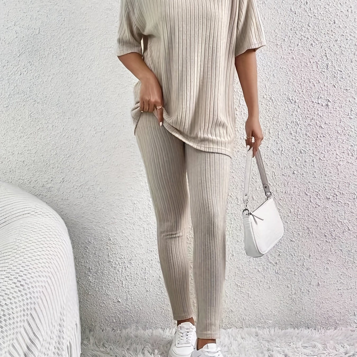 Casual Solid Two-piece Set Drop Shoulder T-shirt & Slim Pants