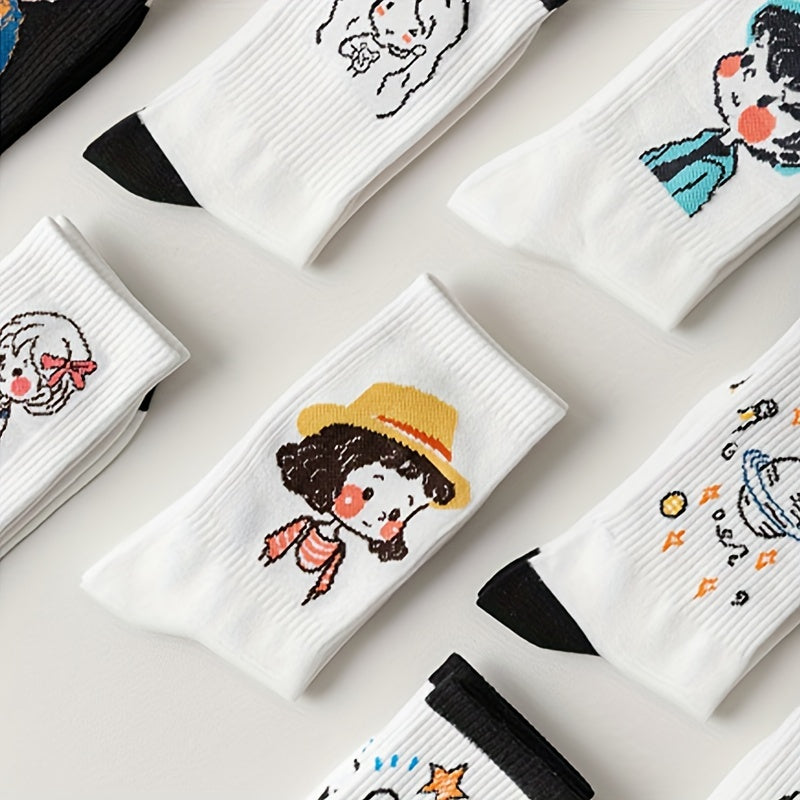 5 Pairs Cartoon Print Socks Comfy & Mid Tube Socks Women's Stockings