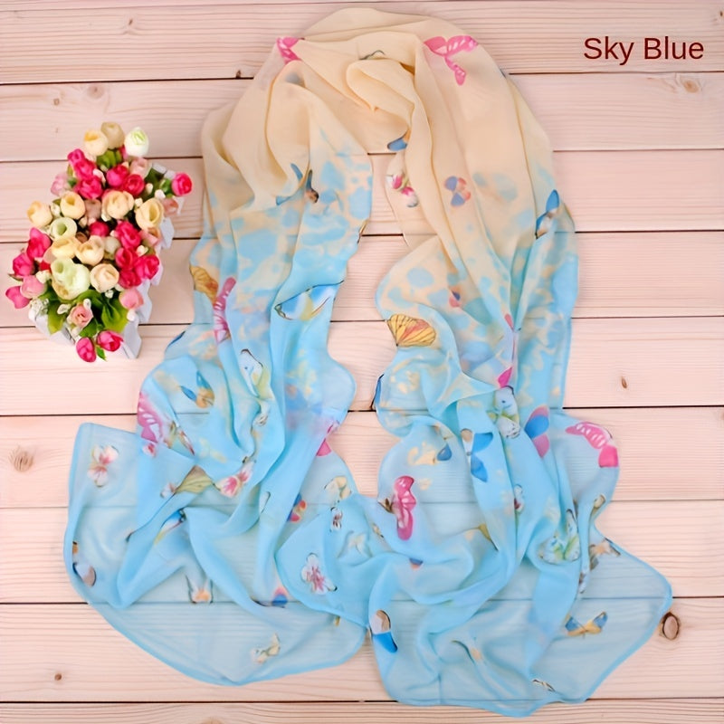 Colorful Butterfly Print Long Chiffon Silk Scarf for Women