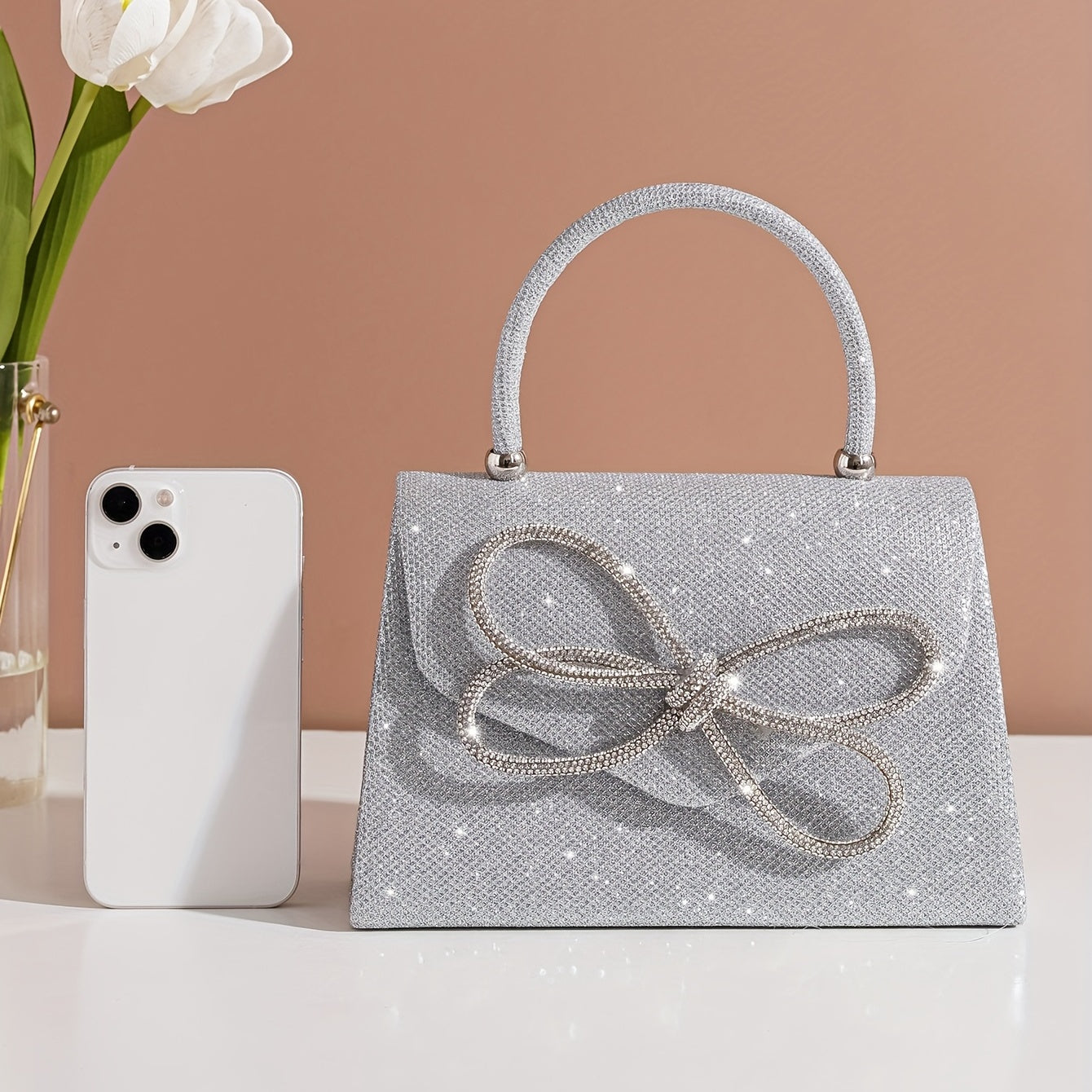 Glitter Bow Rhinestone Evening Bag Clutch Purse Chain Shoulder Wedding Party