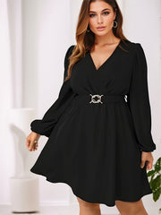  Solid Lantern Sleeve V Neck A line Dress With Belt