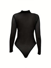 Sexy Sheer Beaded Slim Bodysuit Long Sleeve Mock Neck