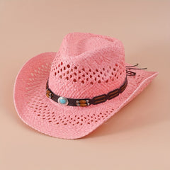 Western Cowboy Straw Hat With Large Wood Beads Turquoise Leather Belt