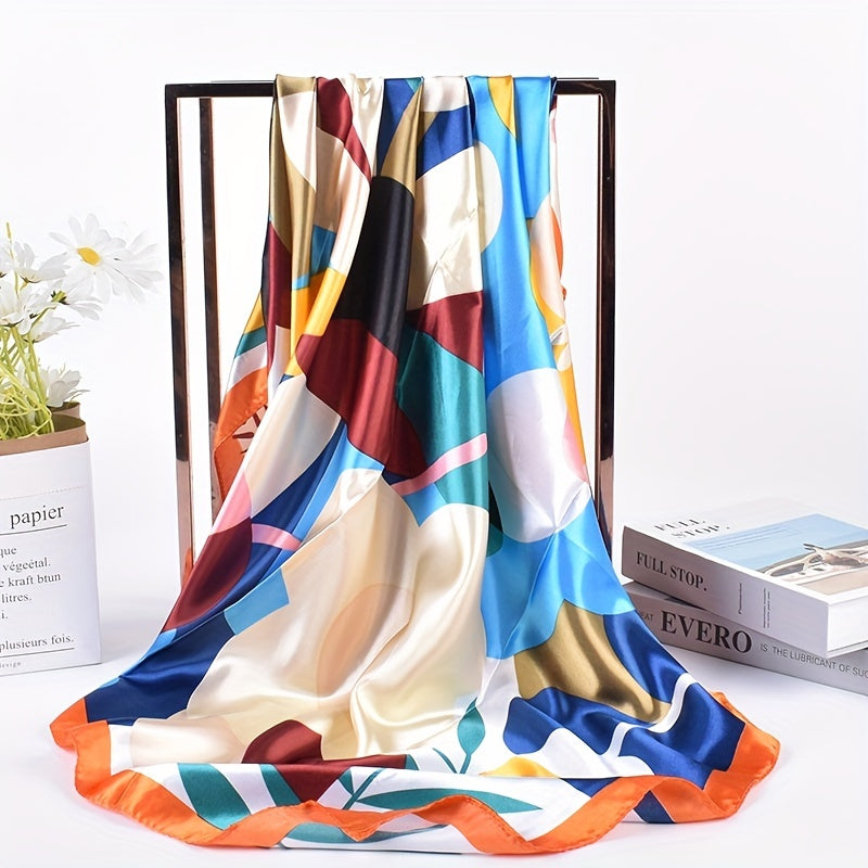 Colorful Geometric Print Bandana Black Square Scarf Silk Shawl