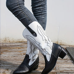 Women's Ethnic Style Embroidery Mid Calf Boots Chunky Heel Slip On Shoes