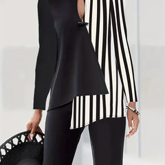  Colorblock Striped Print Long Sleeve Shirt Top