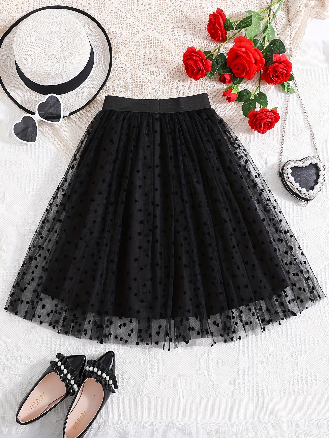 Girls Heart Graphic Mesh Tutu Skirt High Waist for Party