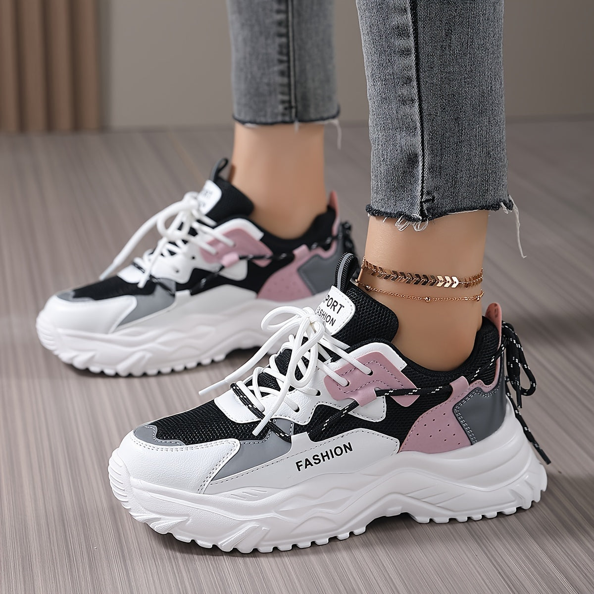 Women's Block Faux Leather Heighten Chunky Sneakers Casual