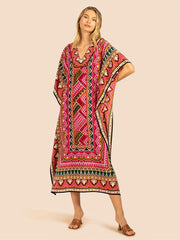  Boho Cover Up African Ethnic Print Bat Sleeve V Neck Split Dress