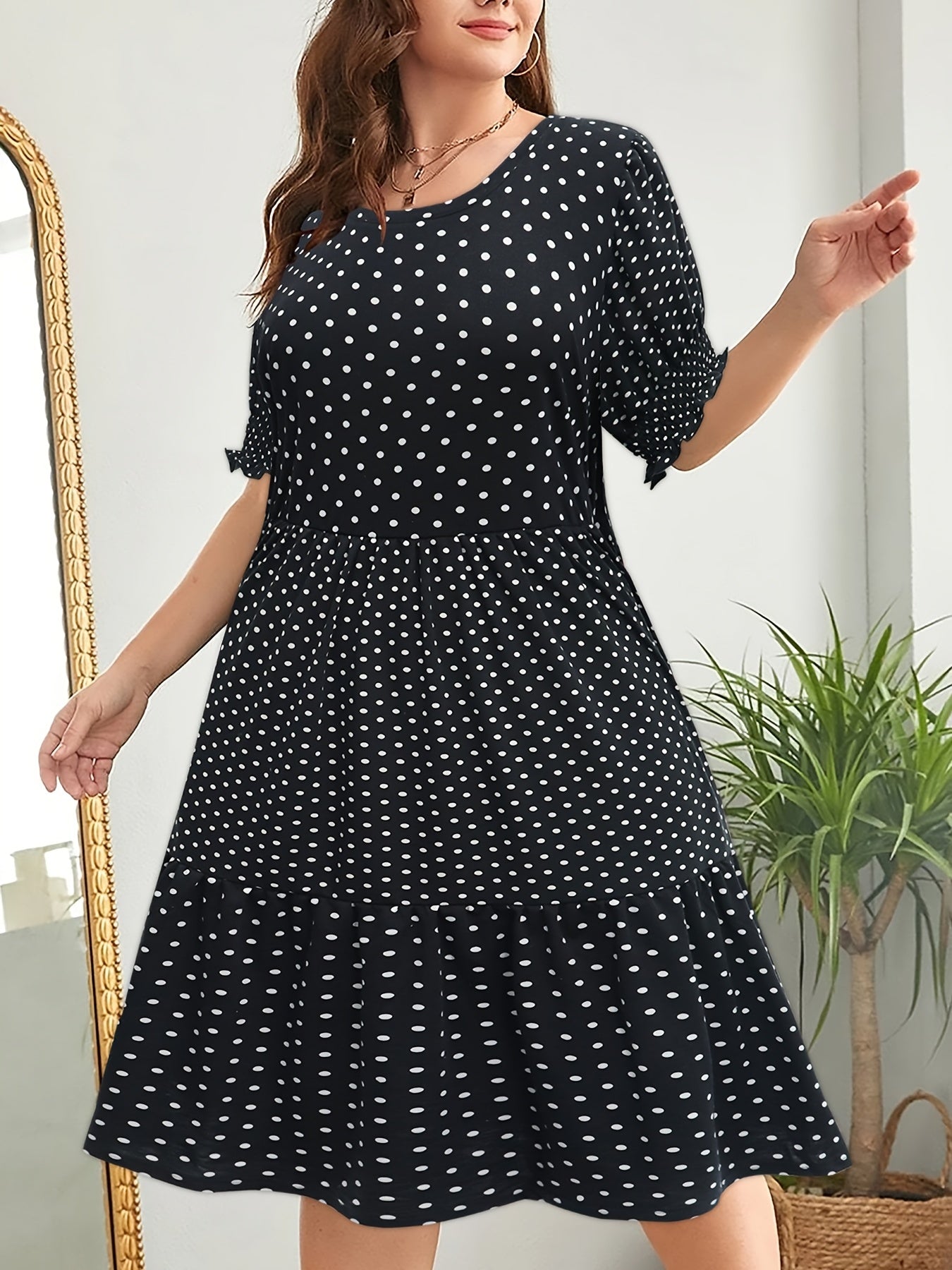  Dot Print Short Sleeve Layered Midi Dress Women's Plus Retro Dress