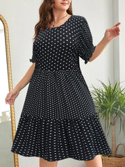  Dot Print Short Sleeve Layered Midi Dress Women's Plus Retro Dress