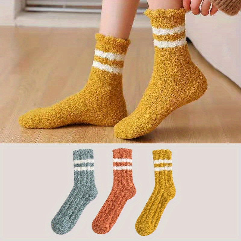 3 Pairs Striped Fuzzy Socks Comfy & Warm Mid Tube Women's Stockings