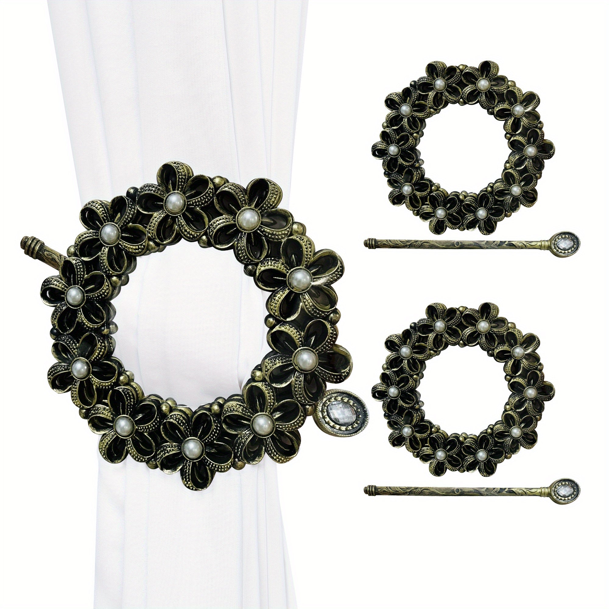 2pcs Flower Pattern Faux Pearl Curtain Tieback Curtain Holdback
