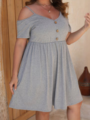  Solid Cold Shoulder V Neck Stretch Dress