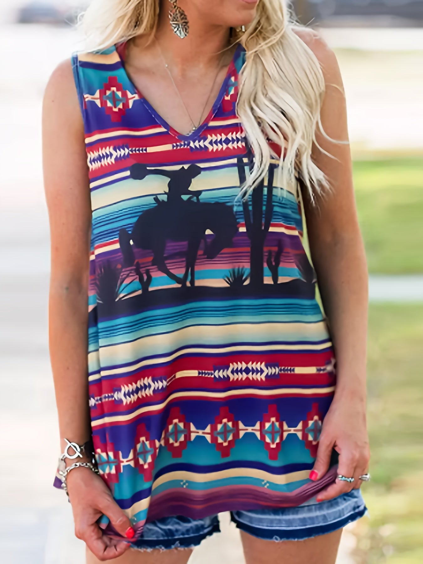  Southwestern Print V Neck Tank Top