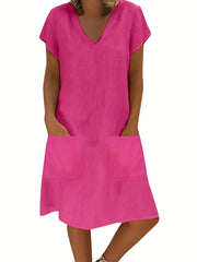  Casual Dress Women's Plus V Neck Short Sleeve Dress With Pockets