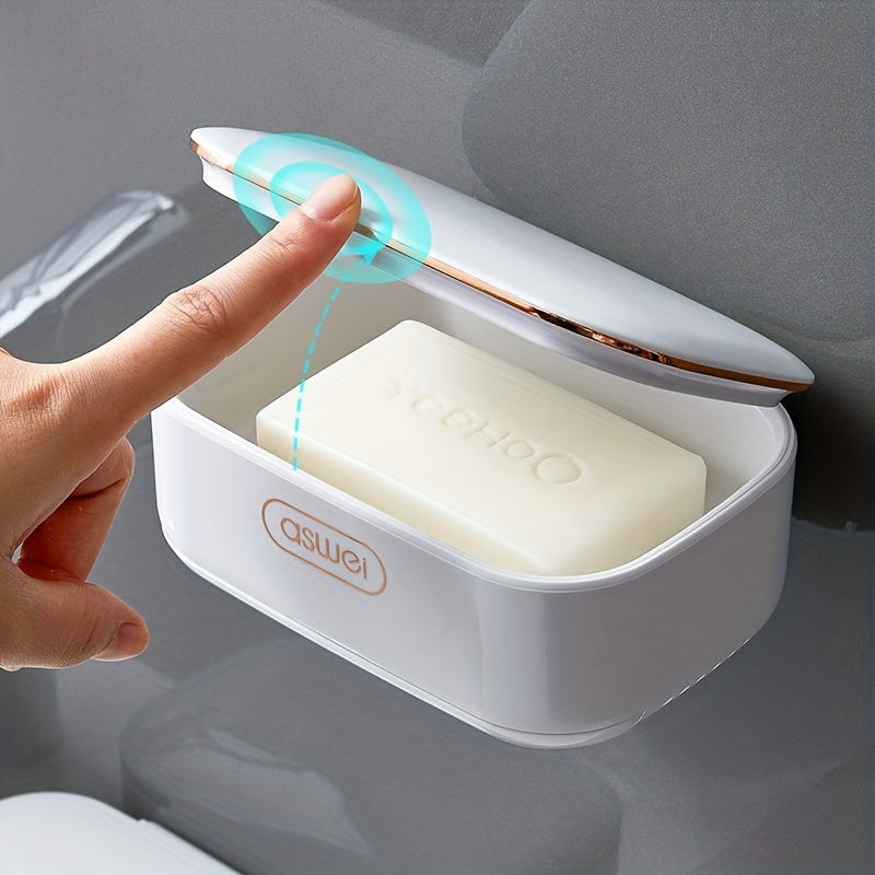 Wall Mounted Double Layer Soap Box with Lid Flip Shelf