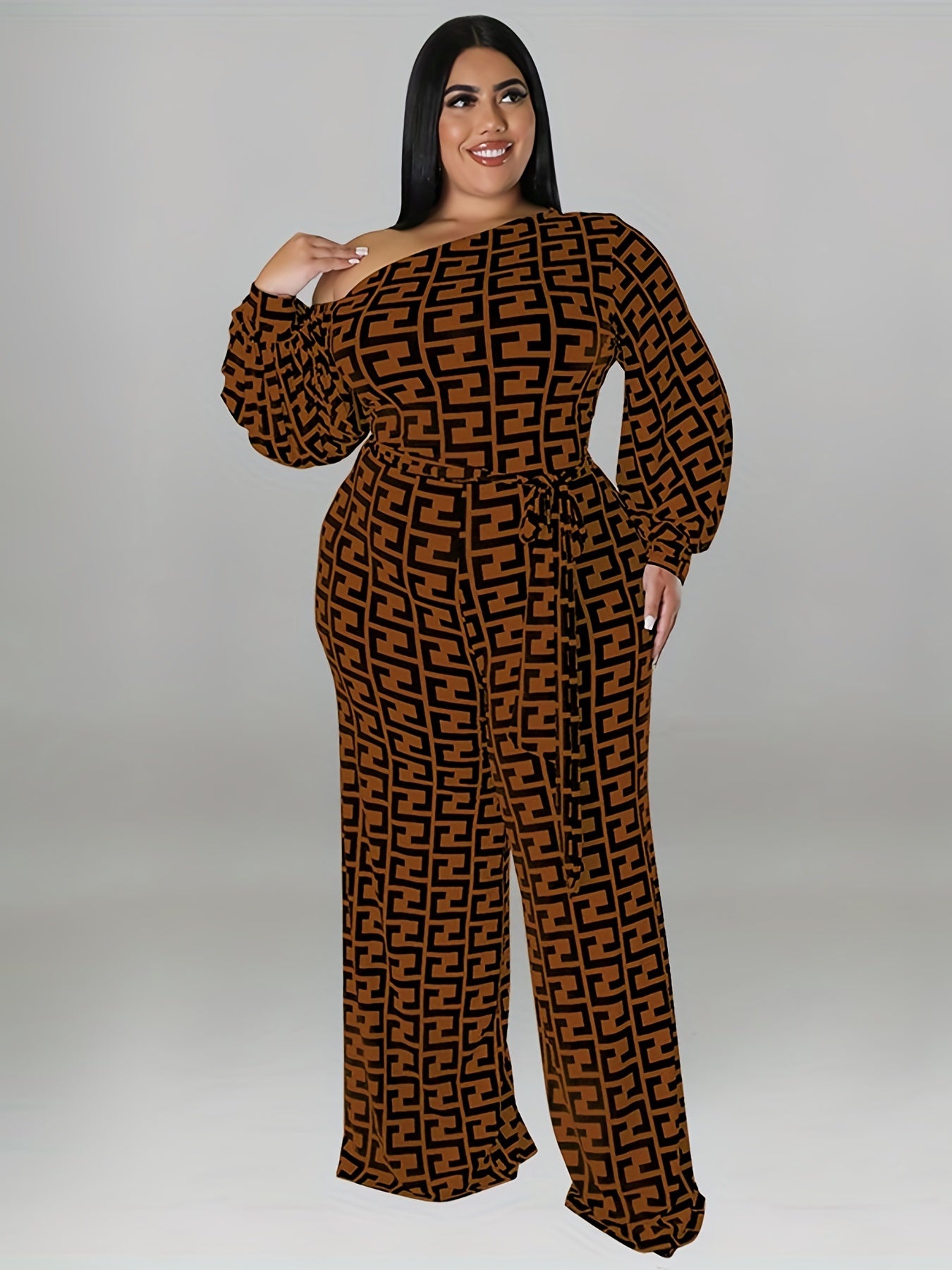  Geometric Print One Shoulder Jumpsuit With Belt