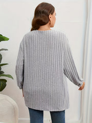  Solid Ribbed Long Sleeve Open Front Cardigan