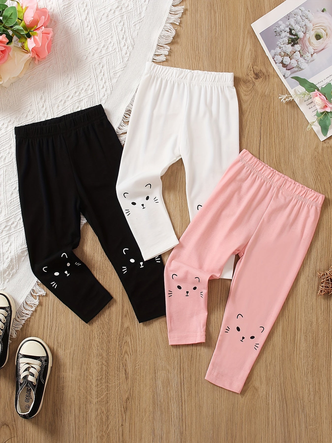 3pcs Girls Cat Print Leggings For Winter