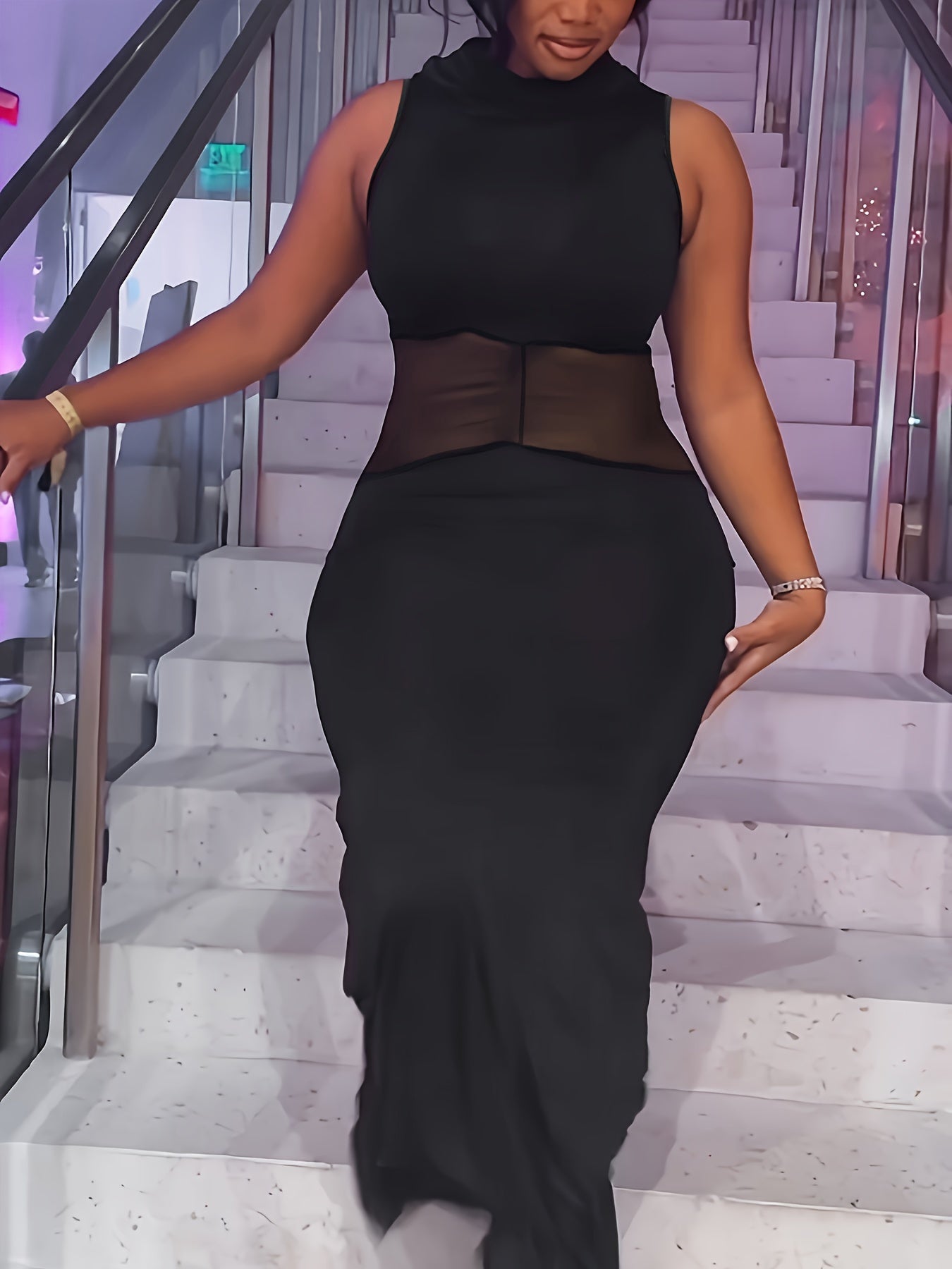  Mermaid Hooded Maxi Dress with Mesh Contrast