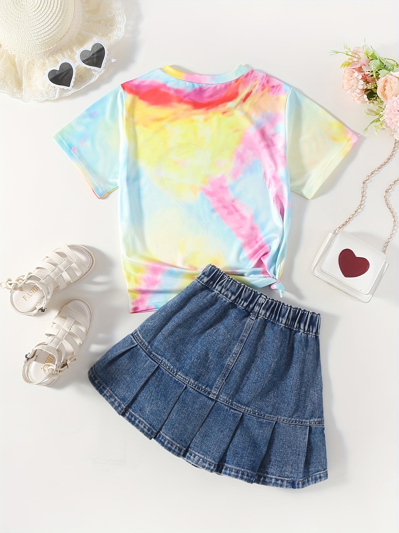 Girl's Heart Butterfly Tie Dye T shirt & Pleated Denim Skirt Set