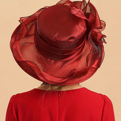 Red Organza Derby Hat Flower Decor Mesh Bucket Hat