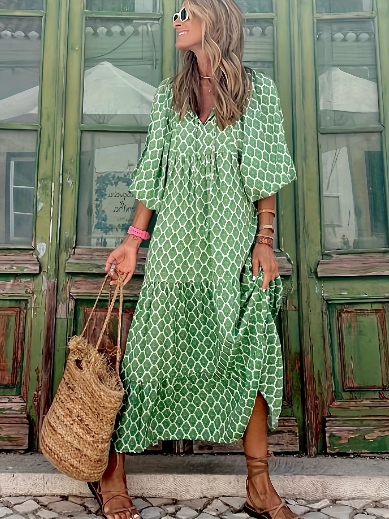  Boho Dress Women's Plus Allover Print Lantern Sleeve Tie Smock