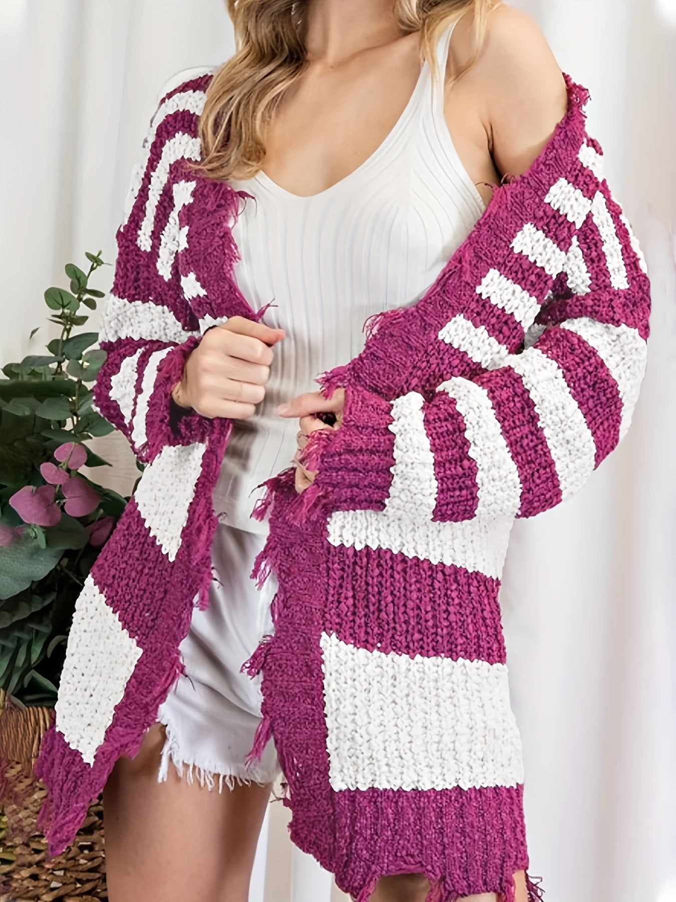  Colorblock Stripe Print Long Sleeve Open Front Fringe Trim Cardigan