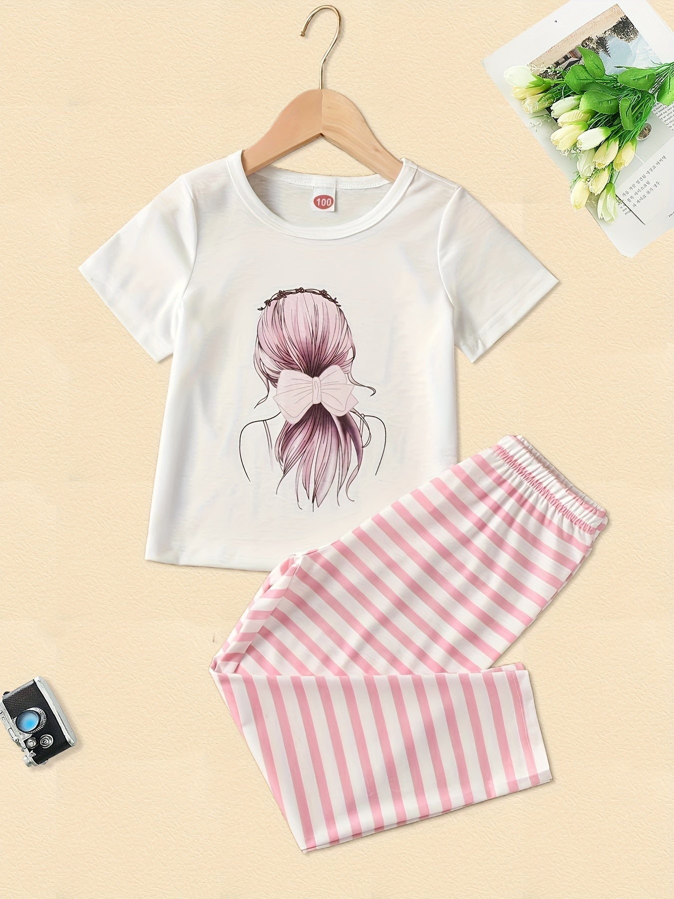 Toddler Girls Pajamas Set Cartoon Print Short Sleeve Top & Matching Pants