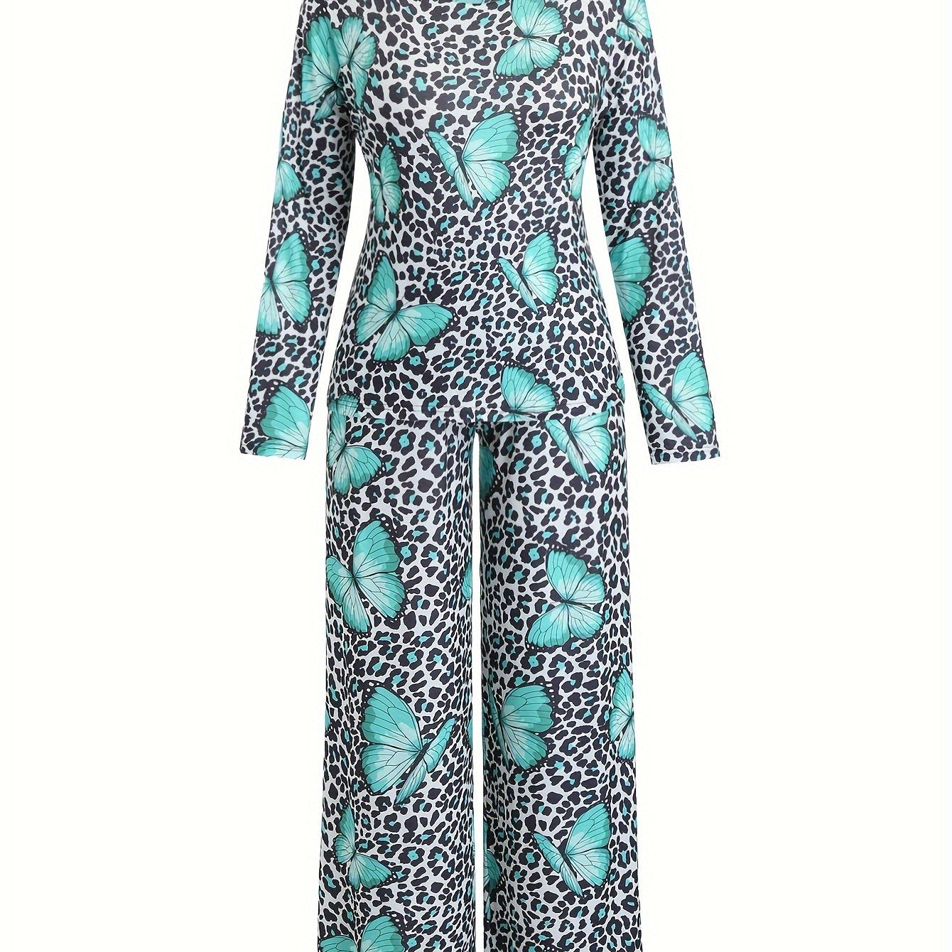  Pajamas Set Women's Plus Leopard & Butterfly Print Tee & Pants 2 Piece