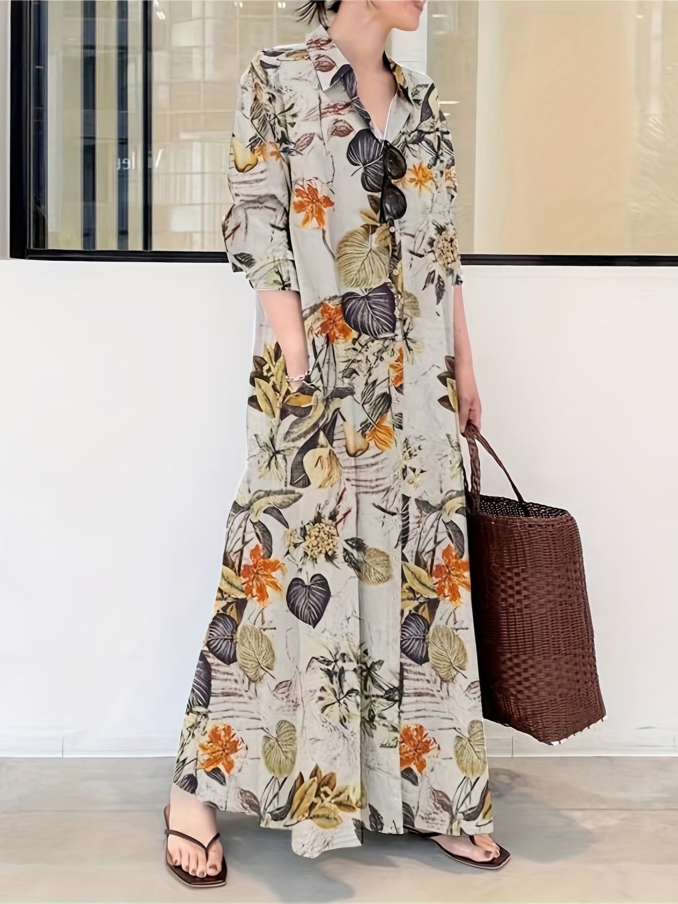  Retro Dress Women's Plus Leaf Print Long Sleeve Button Up