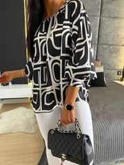  Geometric Print Lantern Sleeve Round Neck Top