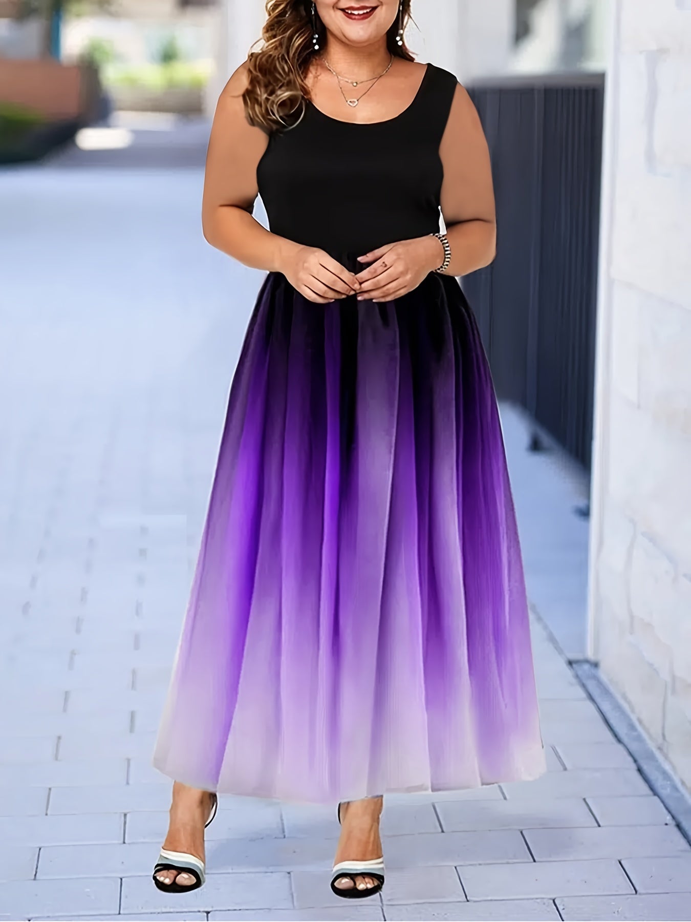 Colorblock Ombre Print Round Neck Tank Dress
