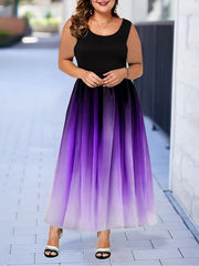  Colorblock Ombre Print Round Neck Tank Dress