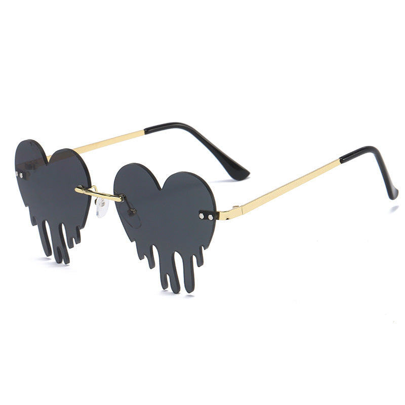 Men's Melting Heart Sunglasses Golden Metal Frameless Tear Drop Eyewear
