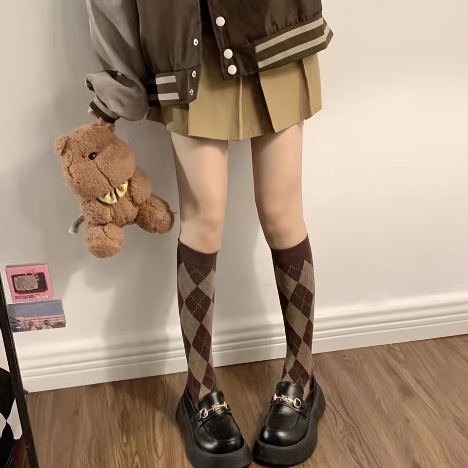 Argyle Calf Socks College Style Knee High Socks Women's Stockings