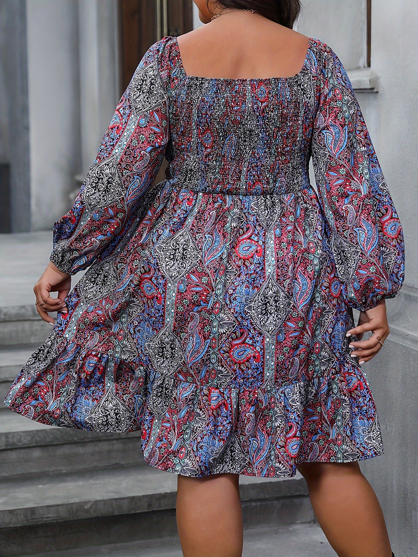  Boho Paisley Floral Lantern Sleeve Dress