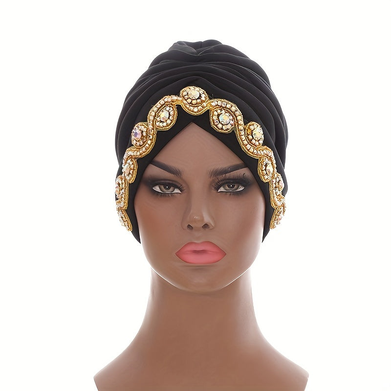 Rhinestone Decor Headwrap Pleated Turban Cap Bonnet Women