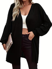  Solid Lantern Sleeve Open Front Cardigan