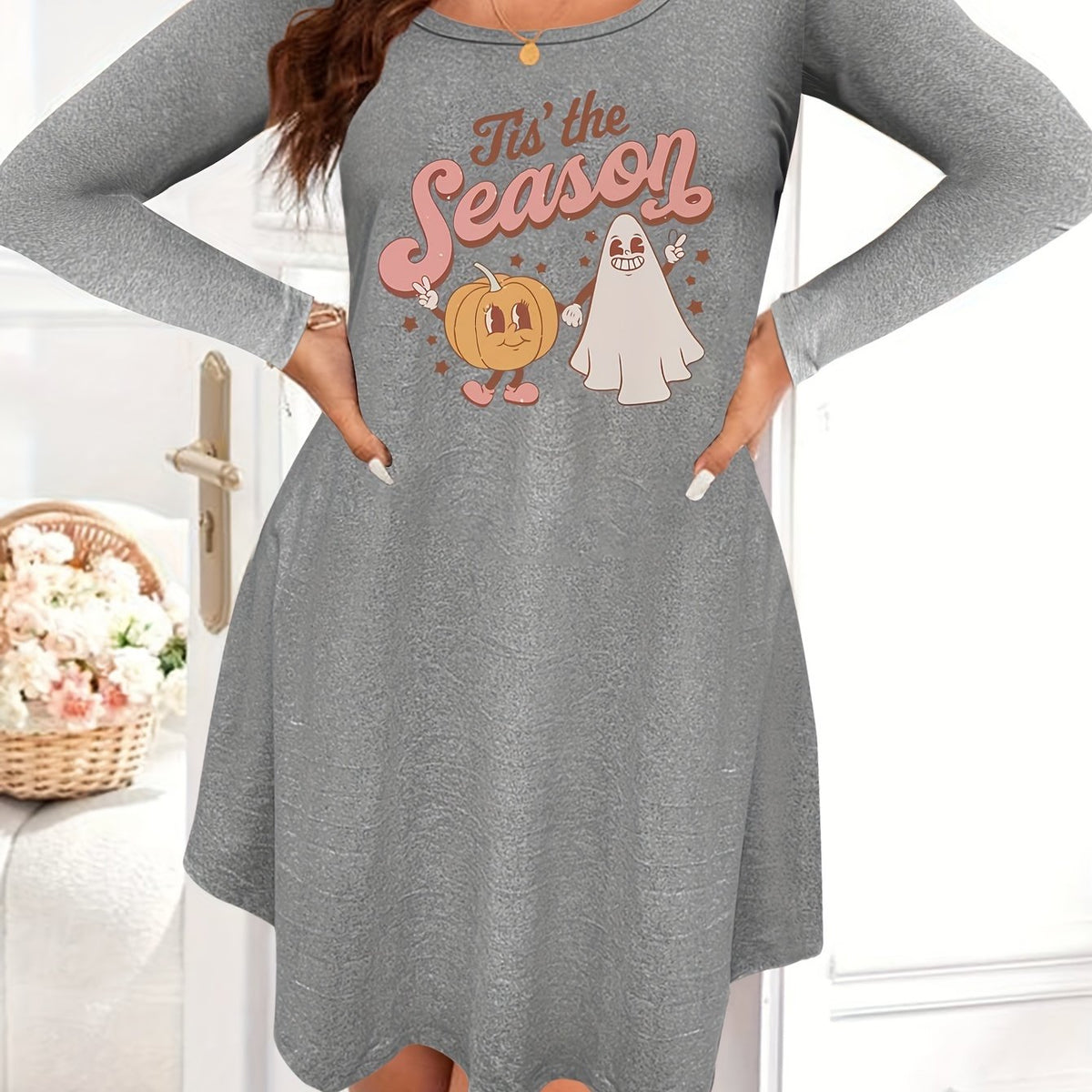  Halloween Nightdress Pumpkin Ghost Print Long Sleeve Sleep D
